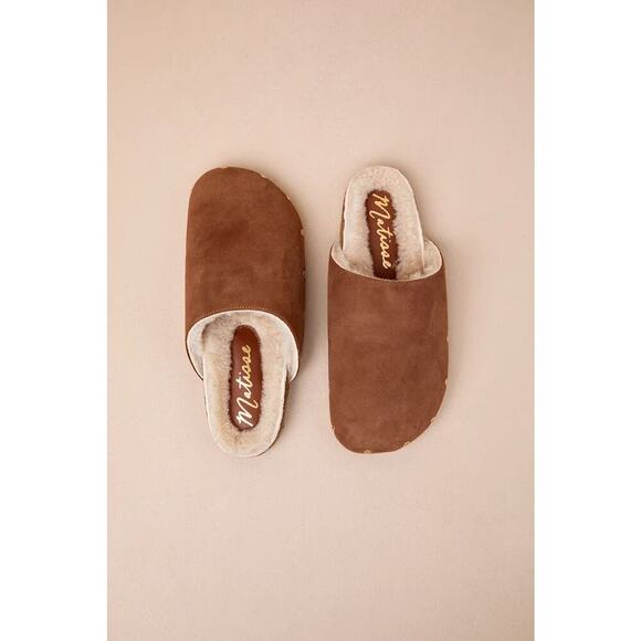 Matisse Upstate Tan Suede Leather Shearling Studded Mule Slides - Picture 1 of 5